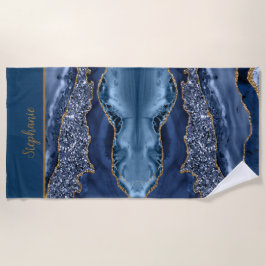 Toalla De Playa Monograma azul dorado Agate patrón tendencia 