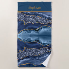 Toalla De Playa Monograma azul dorado Agate patrón tendencia