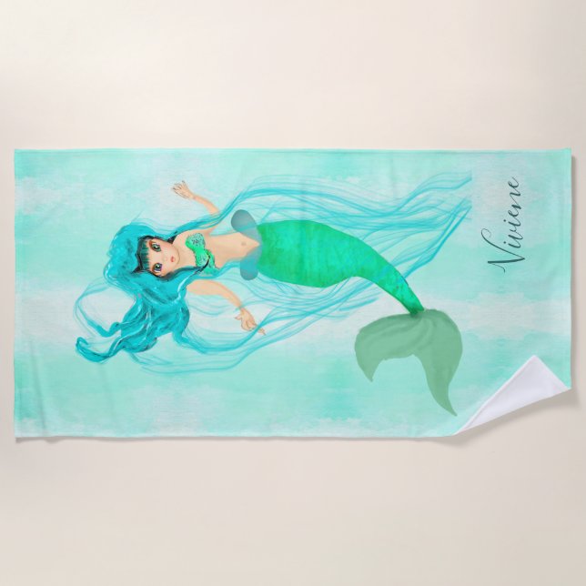 Toalla De Playa Monograma azul Mermaid Green Tail Girly (Anverso)