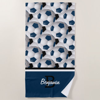 Toalla De Playa Monograma Azul oscuro Patrón de bola de fútbol neg