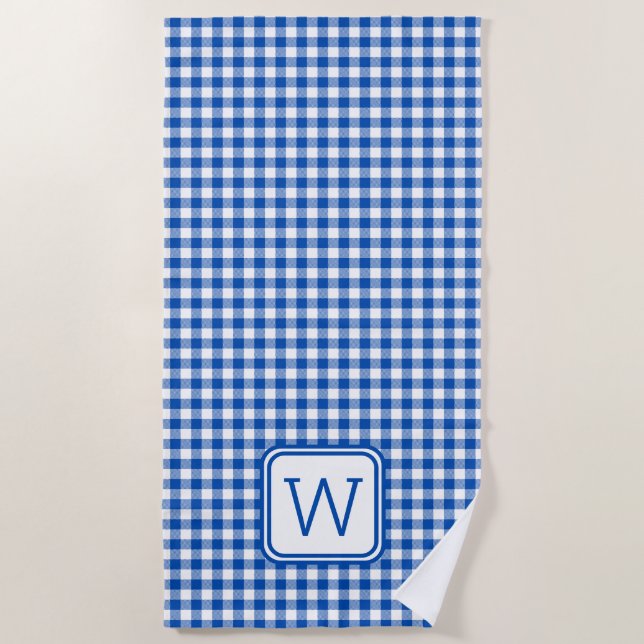 Toalla De Playa Monograma azul y blanco de Gingham Plaid (Anverso)