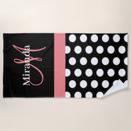 Toalla De Playa Monograma blanco negro rosado Polka Dot Beach T