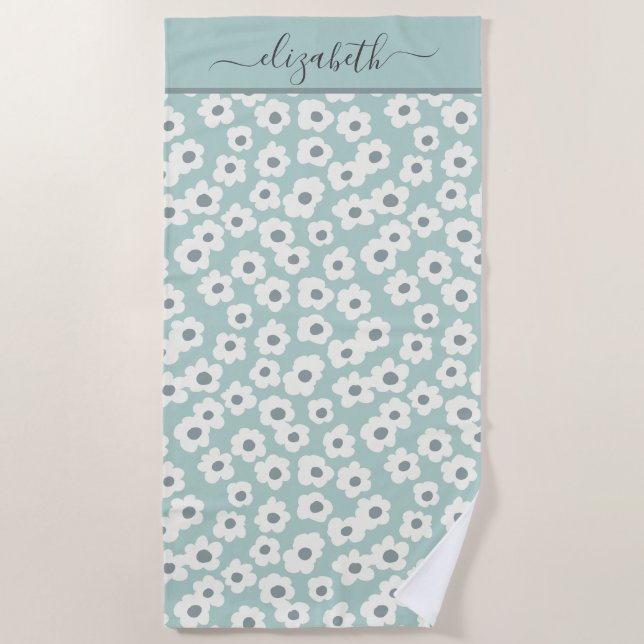 Toalla De Playa Monograma Boho Verde Sage Blanco Gris Floral  (Anverso)