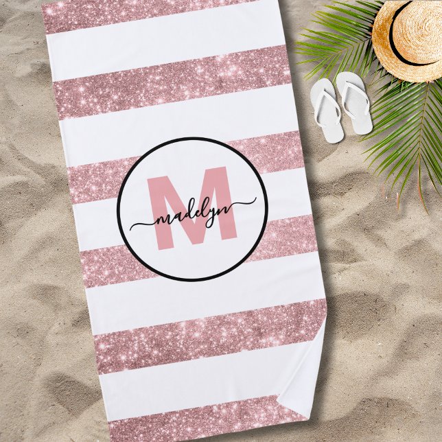 Toalla De Playa Monograma con el nombre de banda rosa Rubor Gold R (Rose Gold Blush Pink Stripe Name Monogram Beach Towel )