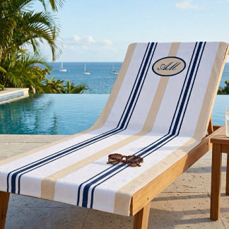 Toalla de playa monograma con rayas azules y beige