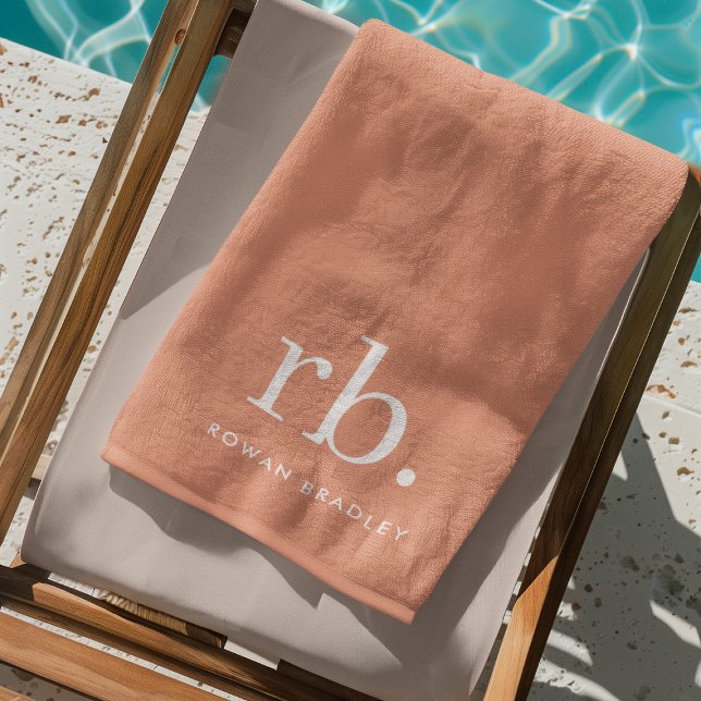 Toalla De Playa Monograma Coral Peach Elegante Femenino Minimalist (Feminine stylish coral peach unique monogram beach towel.)