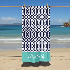Toalla De Playa Monograma de Aqua y Navy Trellis