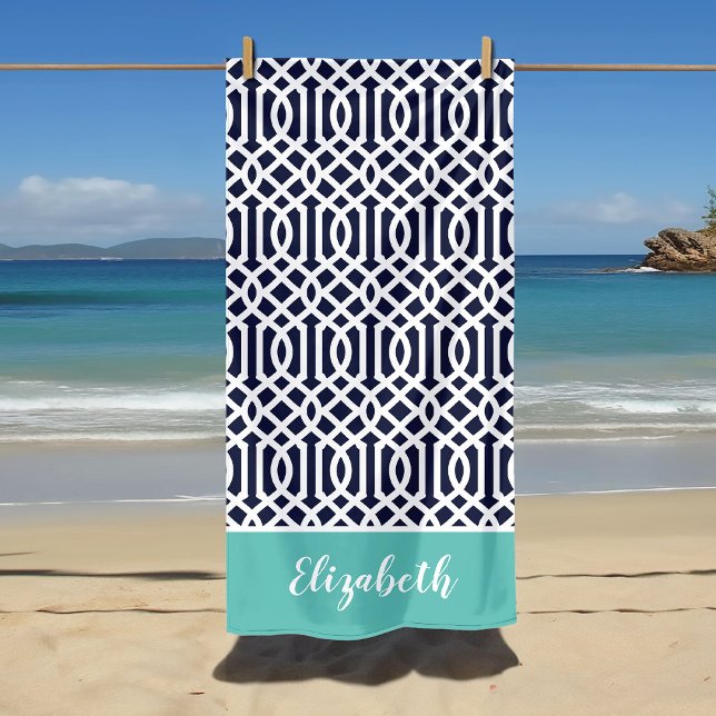 Toalla De Playa Monograma de Aqua y Navy Trellis (Subido por el creador)