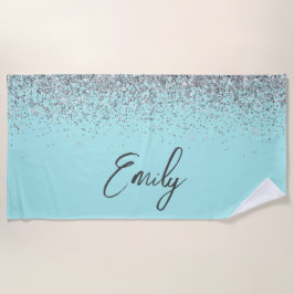 Toalla De Playa Monograma de brillo plateado azul teal Aqua