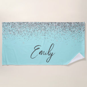 Toalla De Playa Monograma de brillo plateado azul teal Aqua