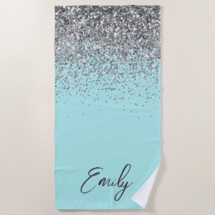 Toalla De Playa Monograma de brillo plateado y azul teal Aqua