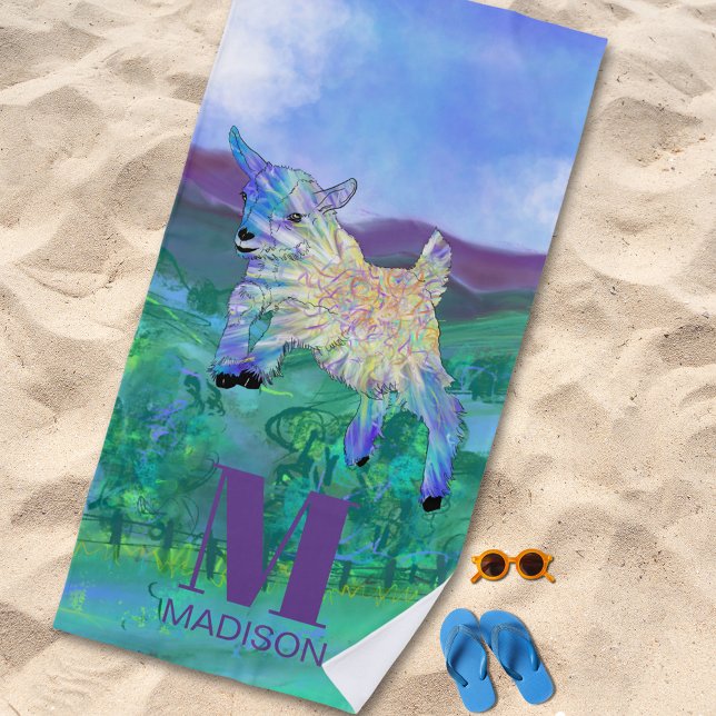 Toalla De Playa Monograma de cabra linda (Cute jumping baby goat colorful animal art custom monogram beach towel)