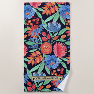 Toalla De Playa Monograma de color azul floral artesanal moderno