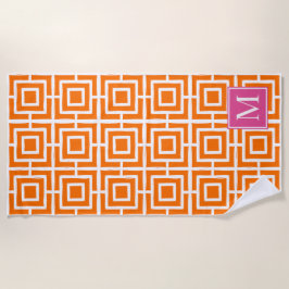 Toalla De Playa Monograma de Cuadrícula Cuadrada Preppy Naranja y 