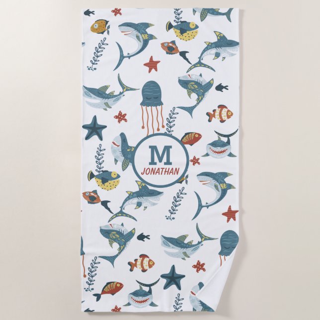 Toalla De Playa Monograma de danza del tiburón Sea Life (Anverso)