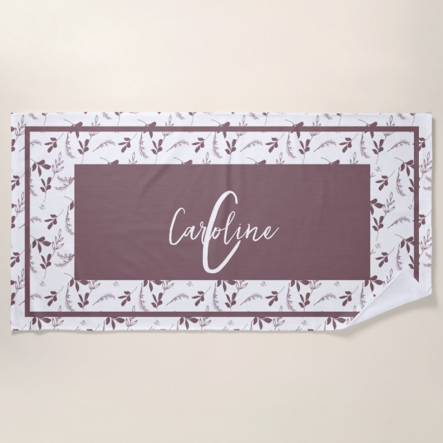 Toalla De Playa Monograma de Doodles de Hojas Silvestres (Anverso)