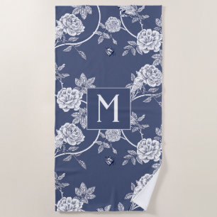 Toalla De Playa Monograma de Flores y Aves de Chinoiserie azul
