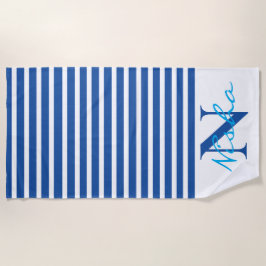 Toalla De Playa Monograma de franjas azules blancas