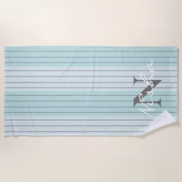 Toalla De Playa Monograma de franjas grises azules verde azuladas