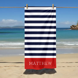 Toalla De Playa Monograma de franjas rojas y navales