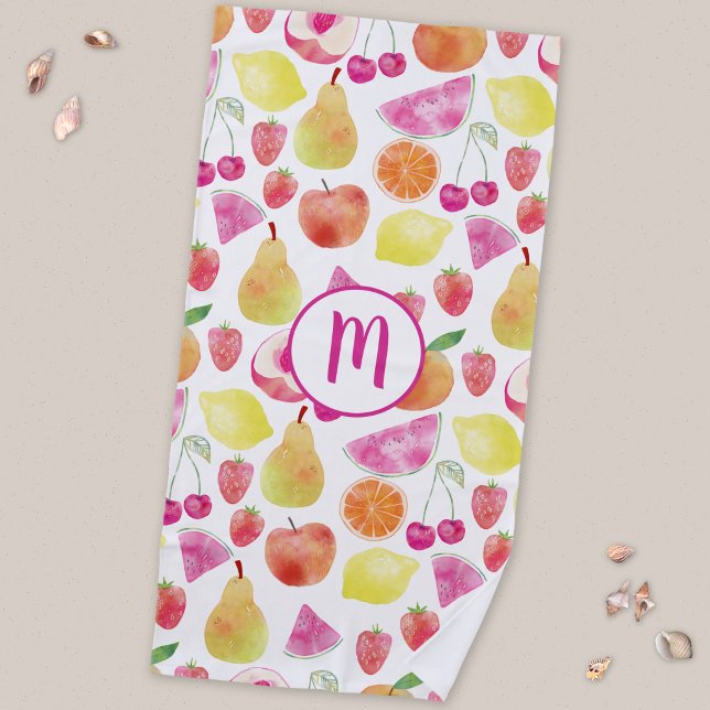 Toalla De Playa Monograma de Frutas Acuarela (Watercolor fruit monogram beach towel)