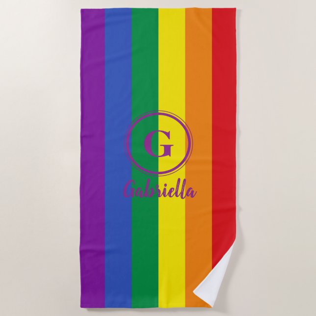 Toalla De Playa Monograma de la bandera del orgullo gay arcoiris L (Anverso)