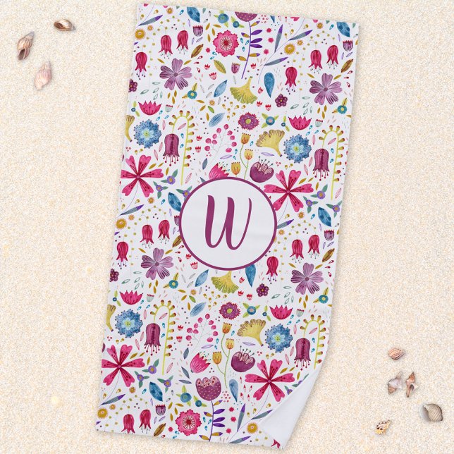 Toalla De Playa Monograma de la flor de hedgerow acuática moderna (Hand painted watercolor wildflower monogram initial personalized beach towel)