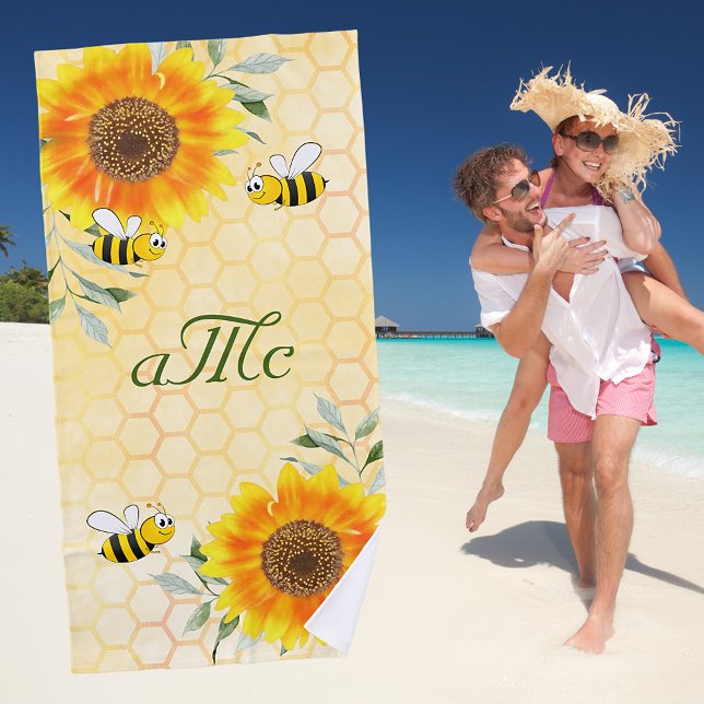 Toalla De Playa Monograma de la pareja de girasoles amarillos (Subido por el creador)