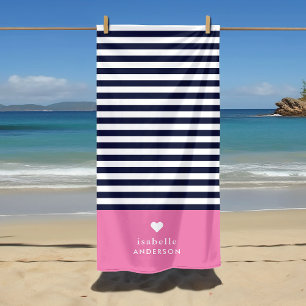 Toalla De Playa Monograma de las franjas de Moda azul y rosa de la