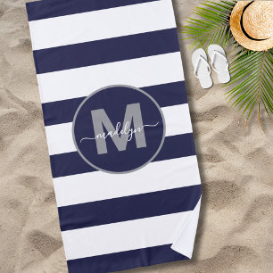 Toalla De Playa Monograma de nombre con raya náutica azul marino