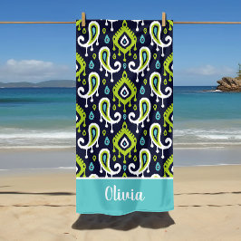 Toalla De Playa Monograma de nombre de paisley ikat verde y azul m