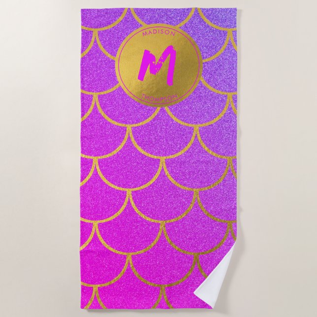 Toalla De Playa Monograma de patrón de Purpurina rosado de escalas (Anverso)