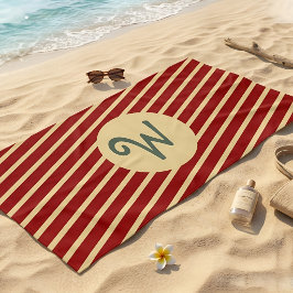Toalla De Playa Monograma de rayas bermellón y crema Varsity Retro