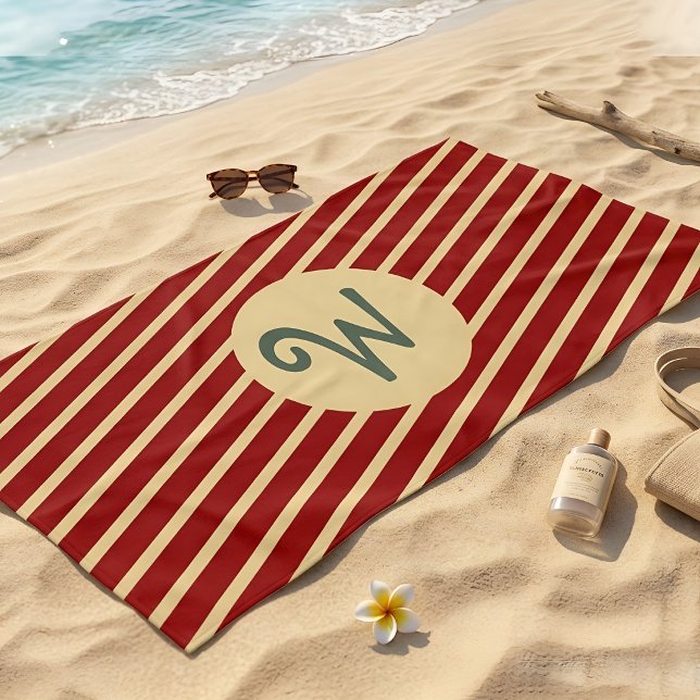 Toalla De Playa Monograma de rayas bermellón y crema Varsity Retro (Subido por el creador)