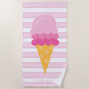 Toalla De Playa Monograma de rayas blancas rosas crema de helado