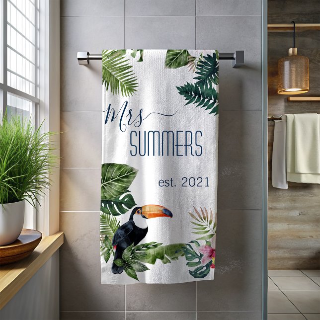 Toalla De Playa Monograma de recién casada Señora Hojas Tropicales (Subido por el creador)