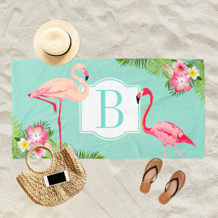 Toalla De Playa Monograma del Personalizado de Aqua Tropical y Fla