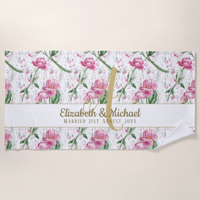 Toalla De Playa Monograma dorado Peonies rosados Green deja recién (Anverso)