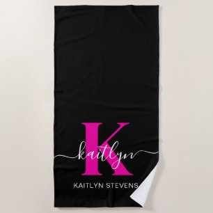 Toalla De Playa Monograma Elegante de Negro y Rosa Caliente en Let