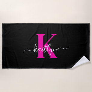 Toalla De Playa Monograma Elegante de Negro y Rosa Caliente en Let