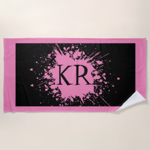 Toalla De Playa Monograma Elegante Rosa Negro con Salpicadura Rosa
