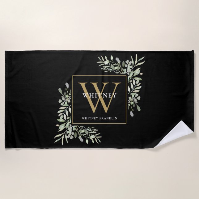 Toalla De Playa Monograma elegante y moderno verde negro (Anverso)