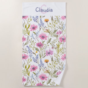 Toalla De Playa Monograma Estampado con Flores Silvestres Bonitas