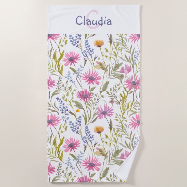 Toalla De Playa Monograma Estampado con Flores Silvestres Bonitas (Anverso)