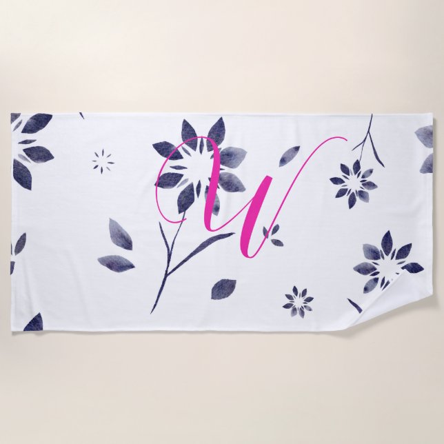 Toalla De Playa Monograma Flor acuática azul rosa caliente (Anverso)