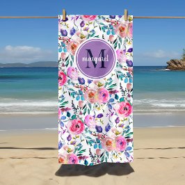Toalla De Playa Monograma Floral Boho Amanecer Púrpura y Blanco