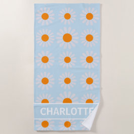 Toalla De Playa Monograma floral retro Naranja blanco azul