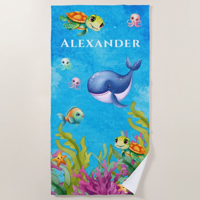 Toalla De Playa Monograma lindo Nombre Tortuga marina costera Ball (Anverso)