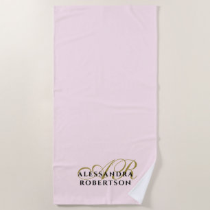 Toalla De Playa Monograma Minimalista Pastel Oro Rosa Negro Elegan