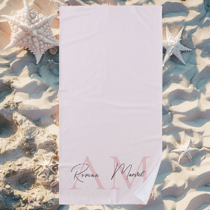 Toalla De Playa Monograma mínimo inicial y nombre Pastel rosa